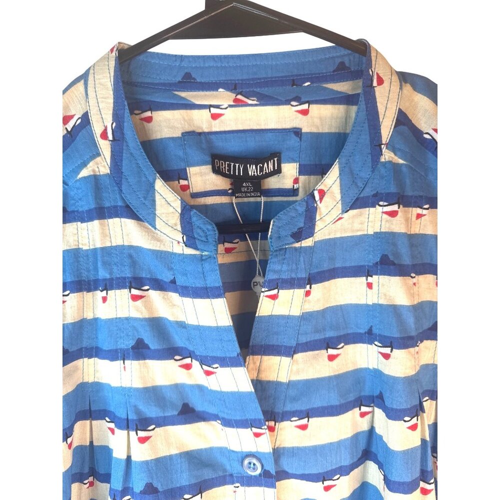 2/$30 Pretty Vacant 4XL Sleeveless Button-Up Shirt Blue Beige Print Cotton Blend - Picture 9 of 16